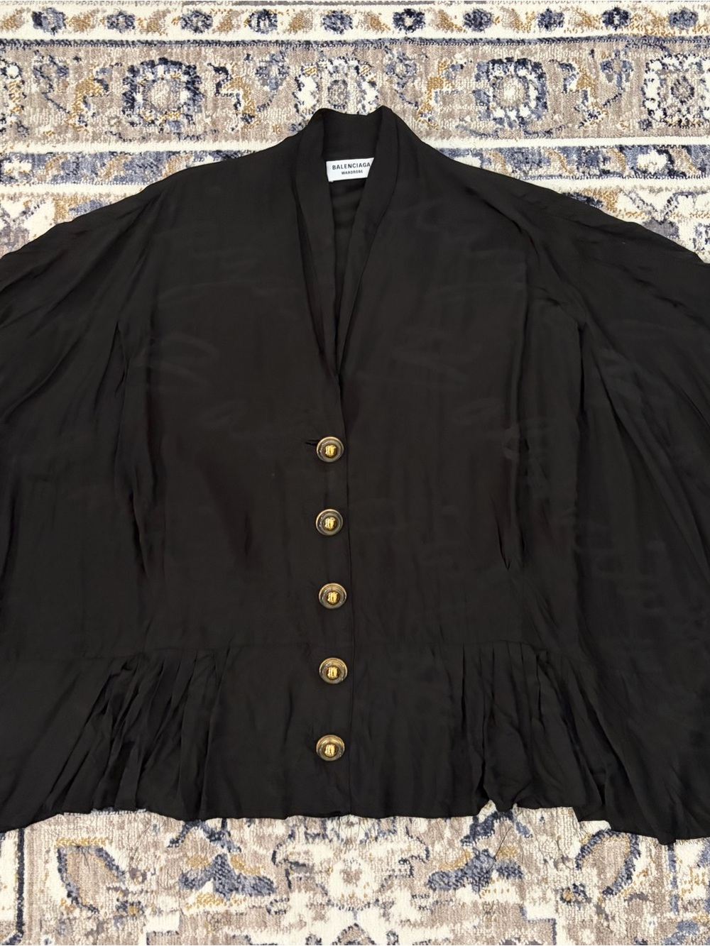 Balenciaga Black Button-Front Silk Blouse with Gold Buttons
